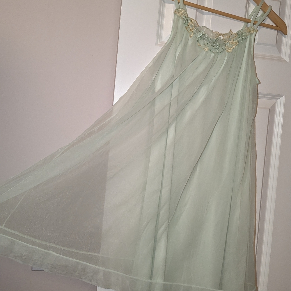 Vintage Miss Elaine Mint Green Babydoll Nightgown Peignoir Chiffon Applique 1960 - Picture 3 of 12